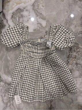 Self-Portrait Girls Black and White Check Puff-Sleeve Dress